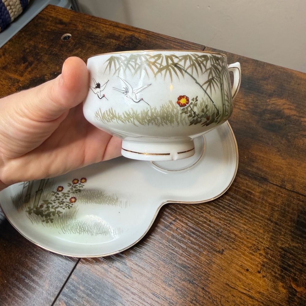 Hayasi Vintage Tea Cup & Saucer Set with Bamboo and Crane Motif